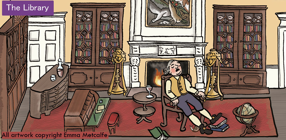 Educational cartoon illustration of 18th century man asleep in Library