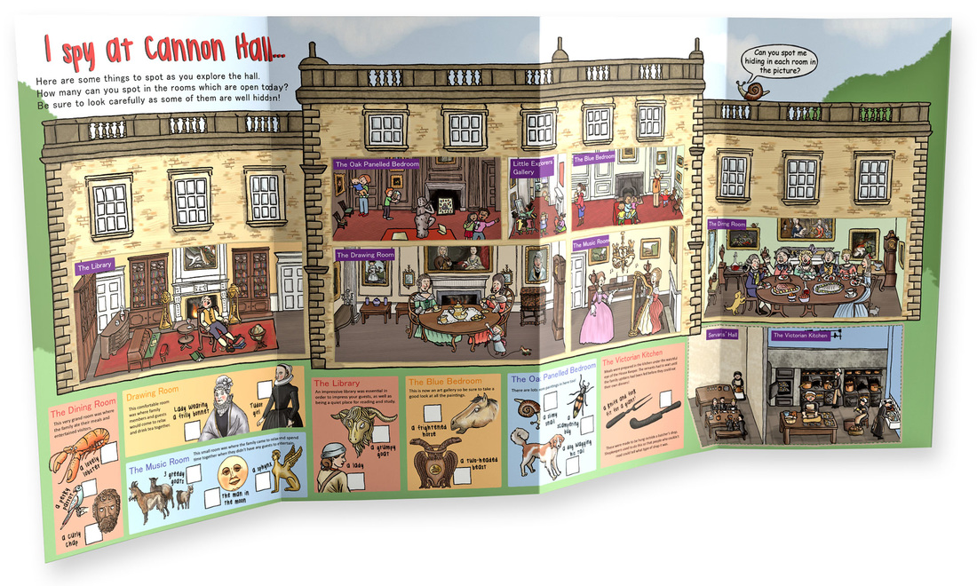 Children's illustrated trail with historic house cutaway look inside illustration showing people and rooms