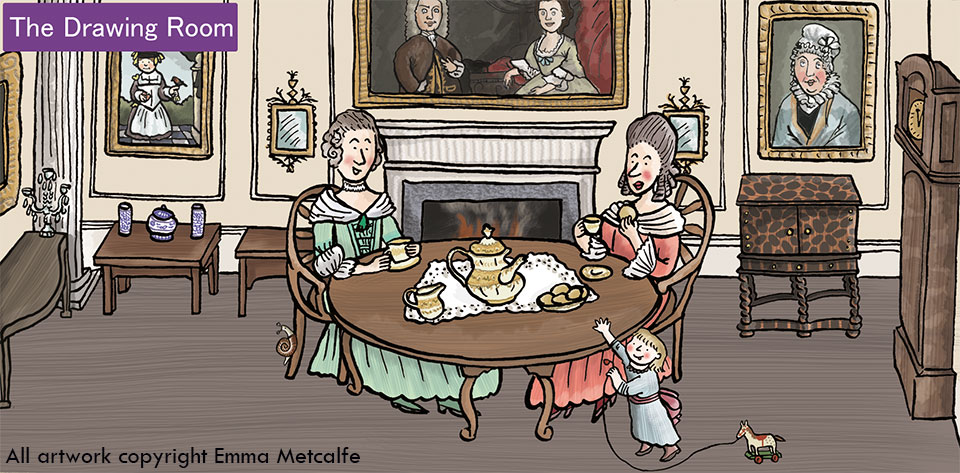 Educational cartoon illustration of 18th century ladies drinking tea in Drawing Room