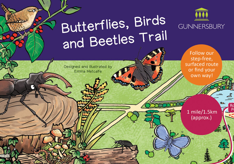 Front cover illustration of Butterflies Birds & Beetles children's nature trail leaflet by Emma Metcalfe
