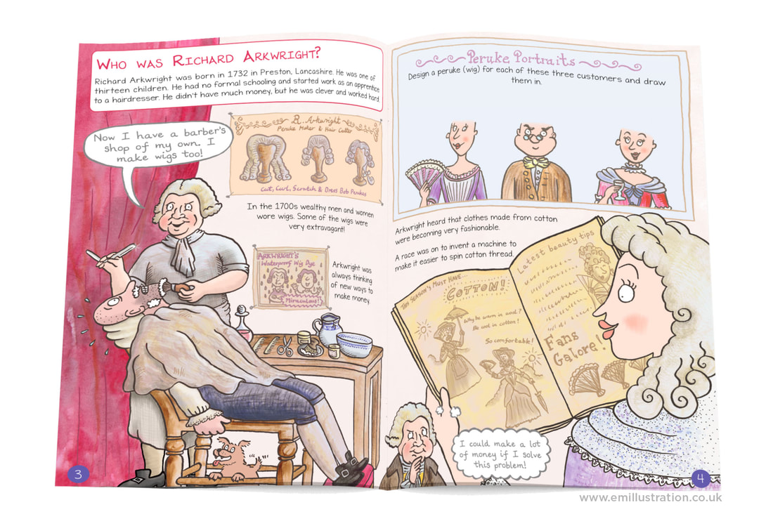Page spread from Cromford Mills illustrated children's guidebook by Emma Metcalfe