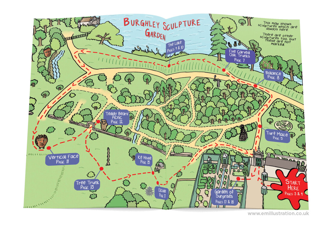Colourful illustrated map of Burghley sculpture garden by Emma Metcalfe