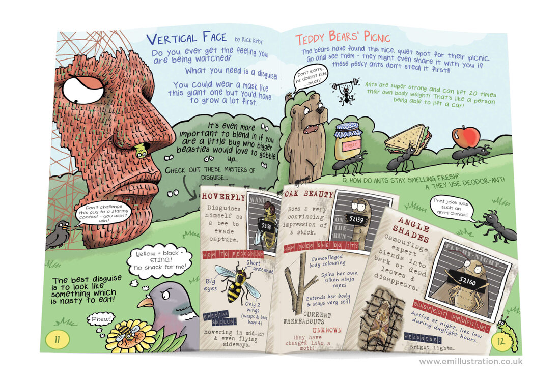 Humorous nature illustrations from Gruesomely Grubby Gardens illustrated children's guidebook by Emma Metcalfe